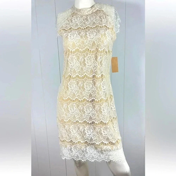 NWT Just Found Lined Laced Dress Tan Sleeveless Zip Back A-Line formal - Picture 1 of 8